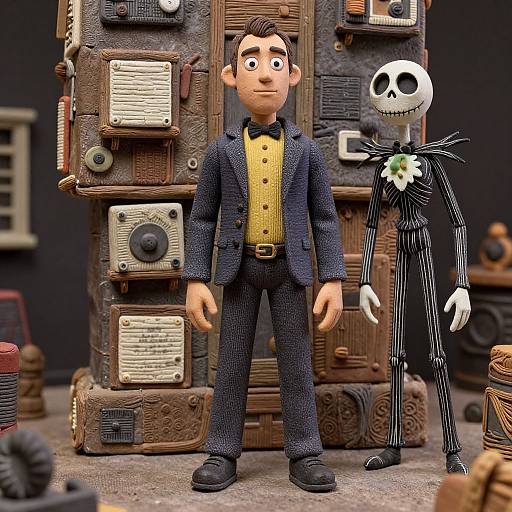CGI image of a realistic male doll in a blue suit and yellow shirt standing beside a Jack Skellington figure in front of a vintage, textured