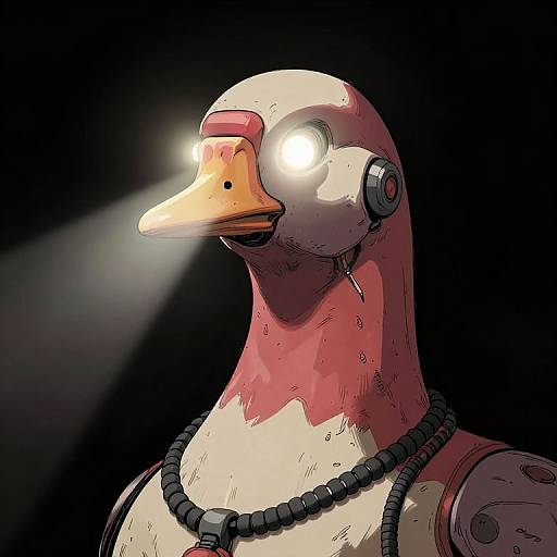 Digital artwork of a robotic duck with glowing white eyes, red and white feathers, and a black beaded necklace, against a black background.