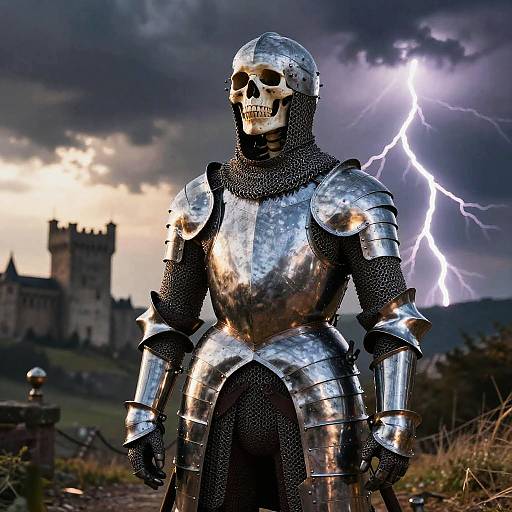 Photograph of a skeletal knight in shiny silver armor with a chainmail hood, standing under a stormy sky with lightning, in front of a medieval