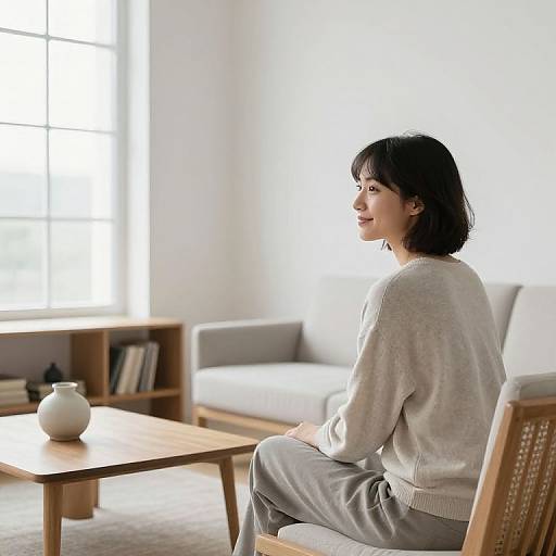 Photograph of an Asian woman with short black hair, wearing a light gray sweater and pants, sitting in a bright, minimalist living room with white walls