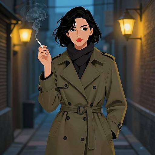Digital art of a confident woman with black hair, red lipstick, green coat, black scarf, smoking a cigarette in a blue-lit alley.