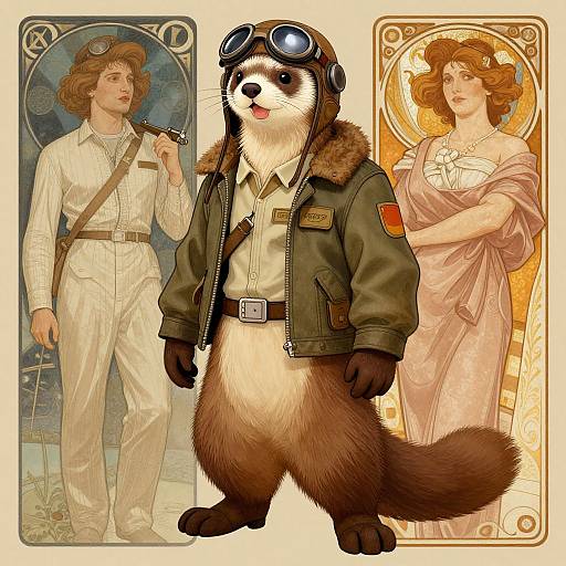 Digital illustration of a raccoon in a vintage aviator jacket, goggles, and brown fur, flanked by two vintage-styled women in white and