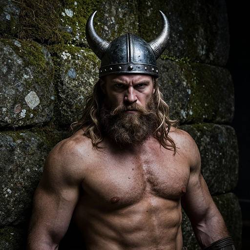 Photograph of a muscular, bearded Viking warrior with long hair, wearing a black metal helmet with horns, standing against a mossy stone wall.