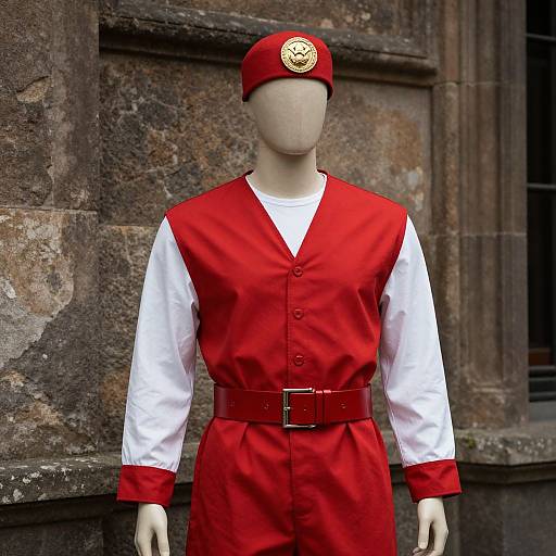 Photograph of a faceless mannequin in a red and white uniform with a red beret, belted at the waist, standing against a