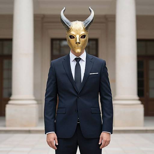 Photograph of a man in a black suit and tie, wearing a gold mask with black horns, standing in front of white columns.