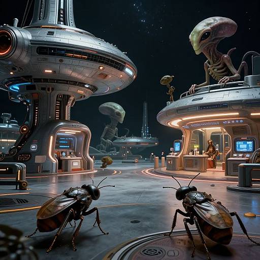 Digital artwork: Sci-fi space station with glowing, alien-like creatures, futuristic pods, and ants. Dark, starry background, neon lights, and