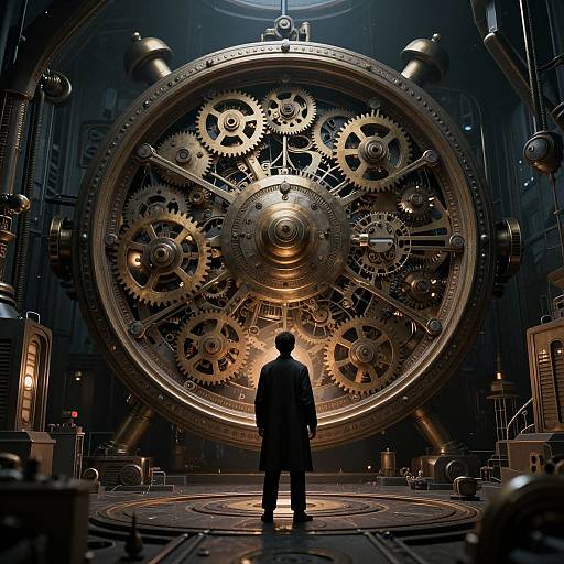 Photograph-style CGI of a man in a suit standing before a massive, illuminated gears-filled clock face in a dimly lit, industrial interior.