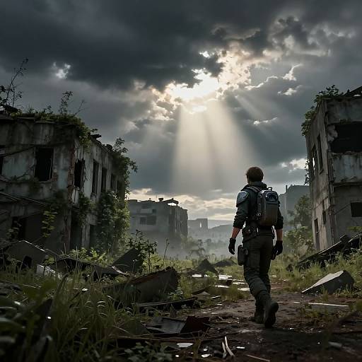 Photograph-style digital art of a lone, armed soldier walking through a sunlit, overgrown, ruined cityscape with dramatic, cloudy skies.