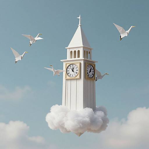 Origami Cranes Carrying Clock Tower