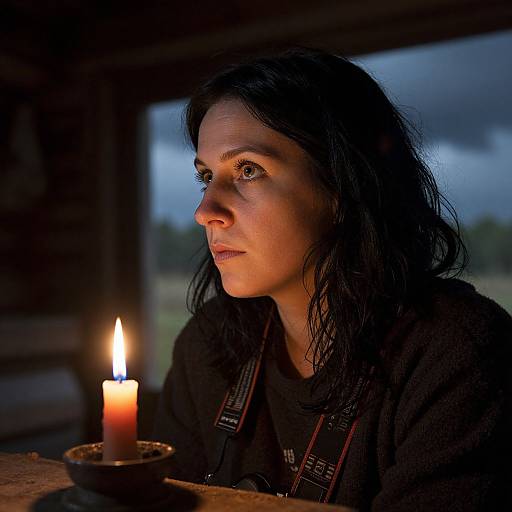 Photograph of a contemplative woman with long black hair, illuminated by a single lit candle, in a dimly lit wooden cabin.
