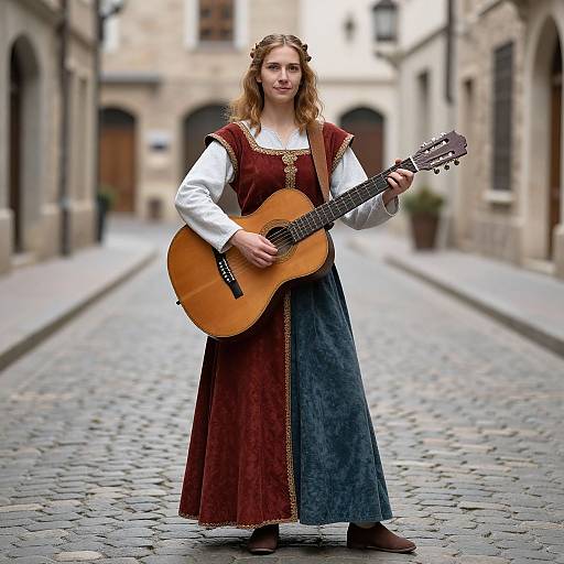 Photograph of a young woman with wavy blonde hair, wearing a medieval-style dress divided in red and blue, playing an acoustic guitar on a cob