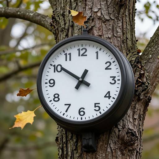 Photograph of a black, round wall clock with white face and black numbers, mounted on a textured tree trunk, surrounded by autumn leaves.