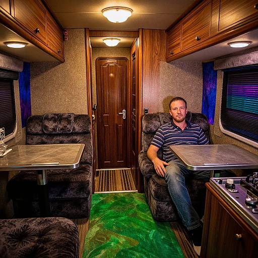Photograph of a man in a striped shirt, sitting in a cozy, wooden-paneled RV with black upholstered seats and green carpet.