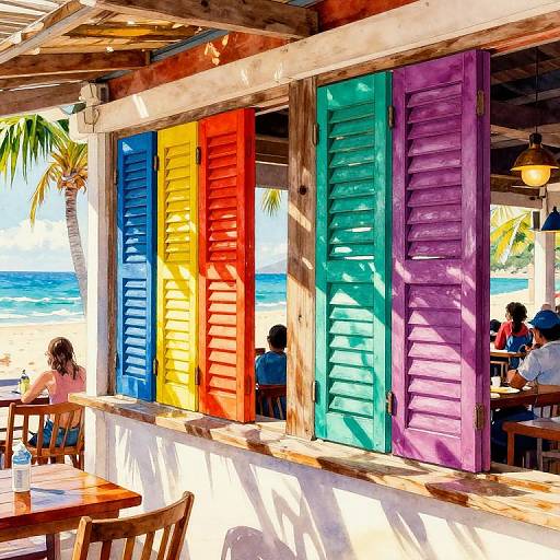 Vibrant photograph of a beachside restaurant with colorful, shuttered windows (red, yellow, blue, green, purple) and patrons dining under