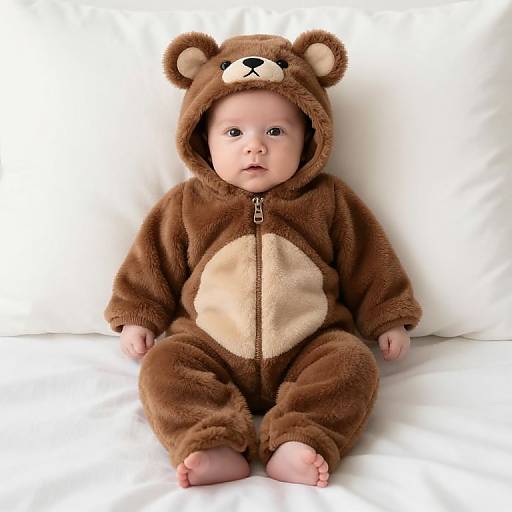 Photograph of a baby with fair skin and round face, wearing a brown bear onesie with a zipper, sitting on a white pillow and bedspread