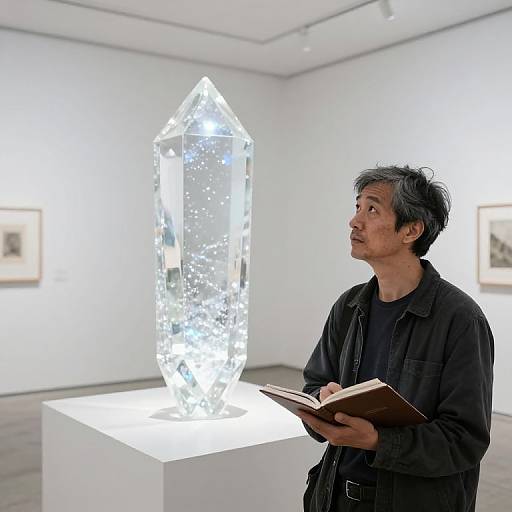 Photograph of an Asian man with short gray hair, wearing a black jacket, holding a book, standing in an art gallery, gazing at an