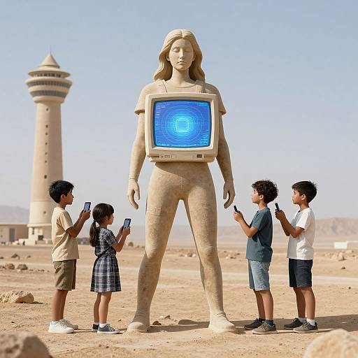 Photograph: Five children with smartphones stand around a stone statue of a woman with a glowing blue TV screen on her chest, in a desert with a