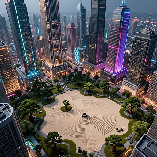 Digital CGI cityscape of a futuristic urban park surrounded by neon-lit skyscrapers, featuring circular stone paths and green trees.