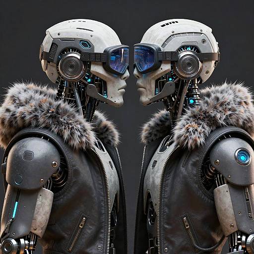 Digital CGI of two futuristic, robotic humanoids with white helmets, blue-tinted visors, and fur-trimmed black jackets, facing each