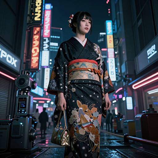 Photograph of an East Asian woman in a black floral kimono with orange obi, standing in a neon-lit, rainy urban street at night
