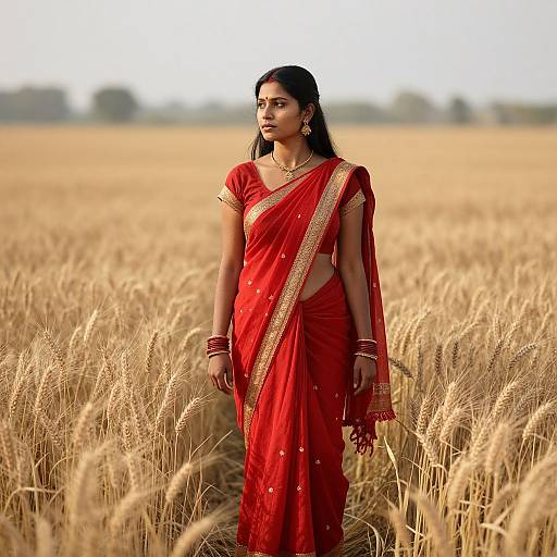 Photograph of an Indian woman in a red saree with gold trim, standing in a golden wheat field, looking forward. She has long dark hair