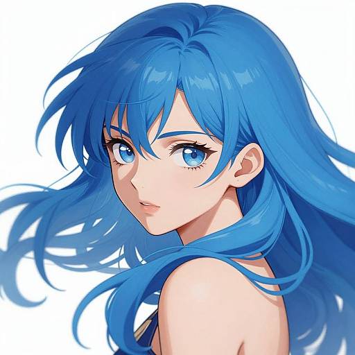 Digital anime-style drawing of a young woman with vibrant blue hair, blue eyes, and fair skin, looking over her shoulder with a slightly surprised expression.