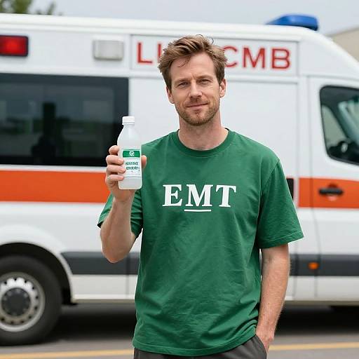 Photograph of a smiling man with short brown hair, green EMT shirt, holding a water bottle, standing in front of a white and orange ambulance