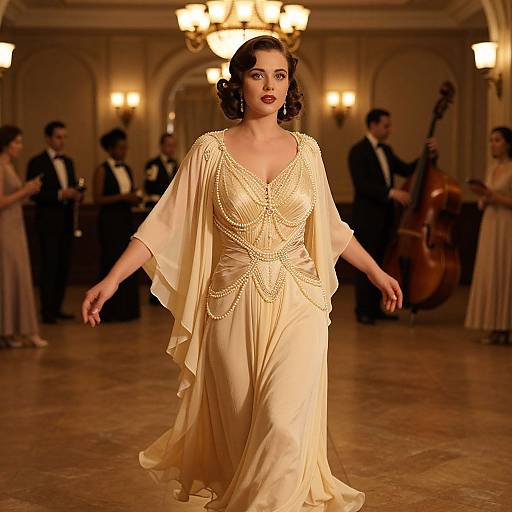 Photograph of a brunette woman in a vintage, cream-colored, beaded gown with flowing sleeves, walking gracefully in a warmly lit ballroom with musicians