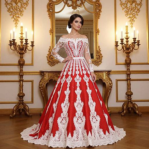 Photograph of a woman in an off-shoulder, red lace ball gown with white floral patterns, standing in an ornate, gold-framed