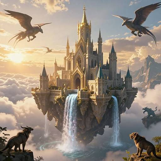 Fantasy castle on a cloud, illuminated by sunset, surrounded by eagles, two horned beasts, and a waterfall, amidst misty mountains.