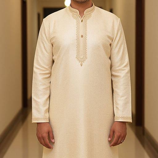 Photograph of a man in a white, long-sleeved, embroidered traditional kurta, standing in a dimly lit hallway with cream walls and