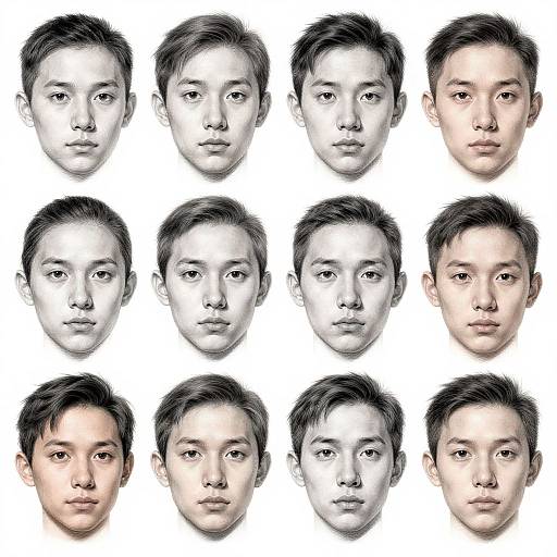 Digital illustration of 12 Asian male faces in a 3x4 grid, showcasing various expressions and skin tones, white and slightly tanned.