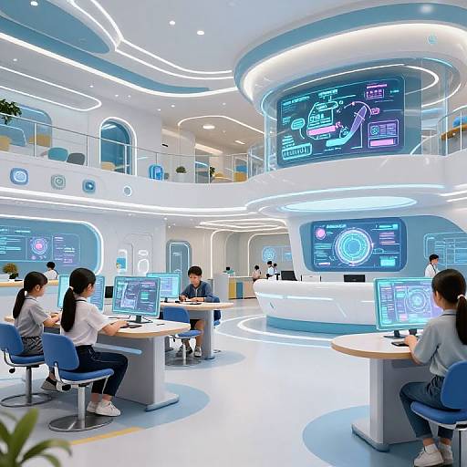 Photograph of a futuristic, brightly lit control room with neon blue and white lights, Asian employees working on laptops, and large digital screens displaying technical data