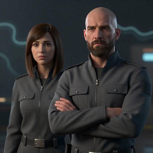 Gray Uniformed Duo Amid Neon Waves