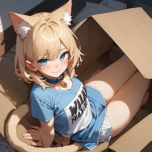 Smiling Blonde Catgirl Inside Cardboard Box
