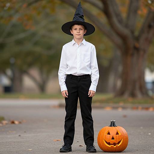 Young boy in white shirt, black pants, and witch hat stands beside carved pumpkin with a smiling face on a tree-lined street. Photograph.