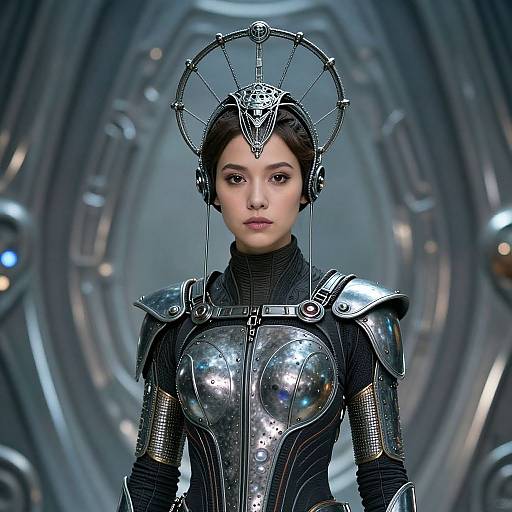 Digital art of a young woman in futuristic, metallic armor with a circular headpiece, standing in a sleek, cylindrical sci-fi corridor.