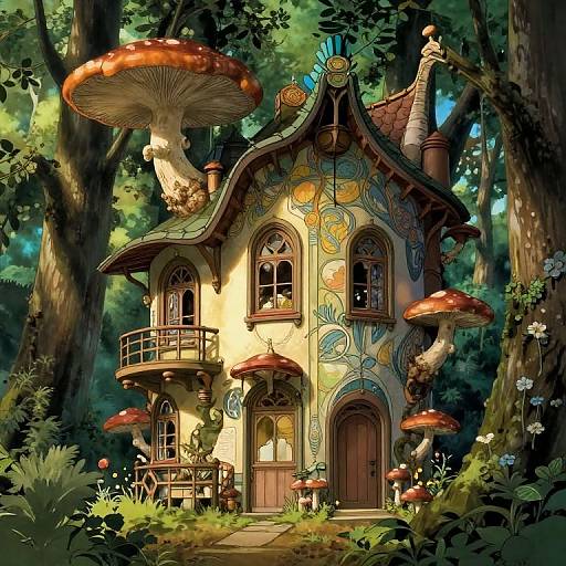 Whimsical fantasy illustration of a fairy-tale cottage with mushroom-shaped roofs, colorful floral patterns, and surrounded by towering trees and giant mushrooms in a