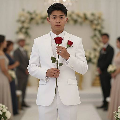Groom in White Suit with Flowers