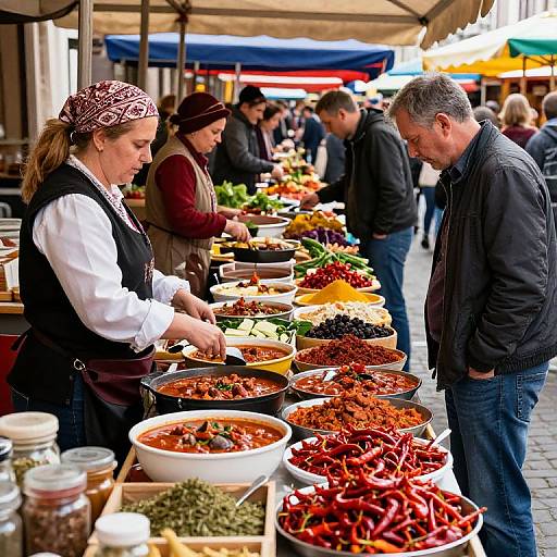 Photograph of a bustling outdoor market: woman in white shirt and black vest serving chili and peppers to gray-haired man in black jacket. Vibrant market