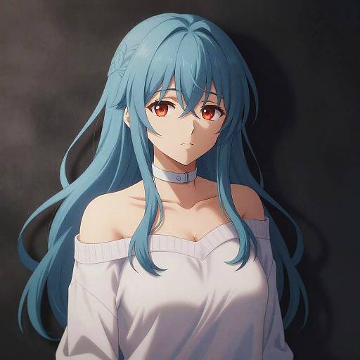 Digital anime-style portrait of a blue-haired girl with red eyes, wearing a white off-shoulder sweater and choker, against a dark background.