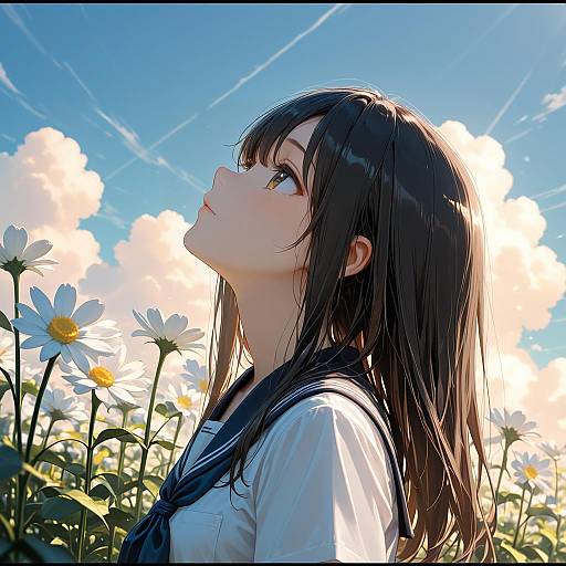 Girl in School Uniform Among Flowers