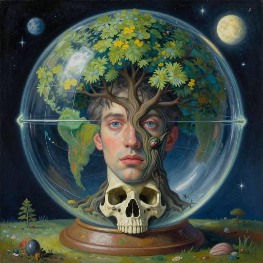 Digital artwork of a human skull with a tree-covered head inside a glass dome, under a starry night sky with a full moon. Vivid colors