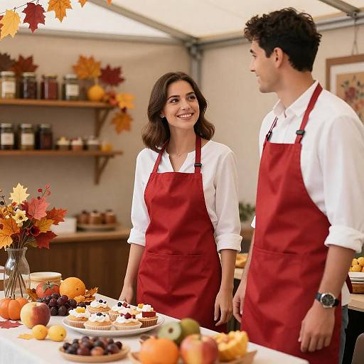 Autumn Market Stall with Smiling Vendors