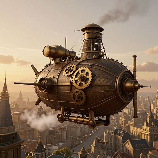 Steampunk airship with brass gears and smoke flying above a sunlit, detailed cityscape. Digital illustration with warm, golden sunlight.