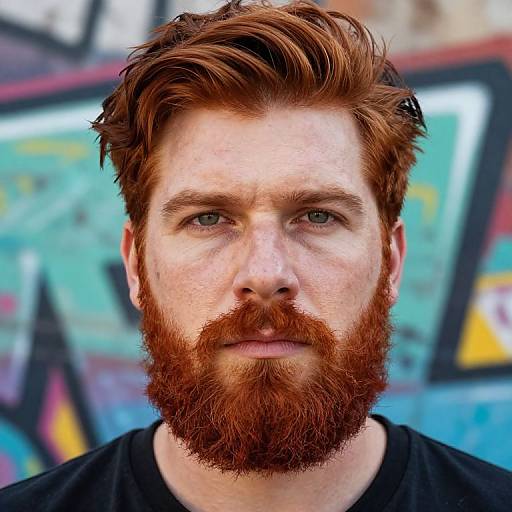 Photograph of a fair-skinned, red-haired man with a full, bushy red beard, wearing a black shirt, against a colorful graffiti background