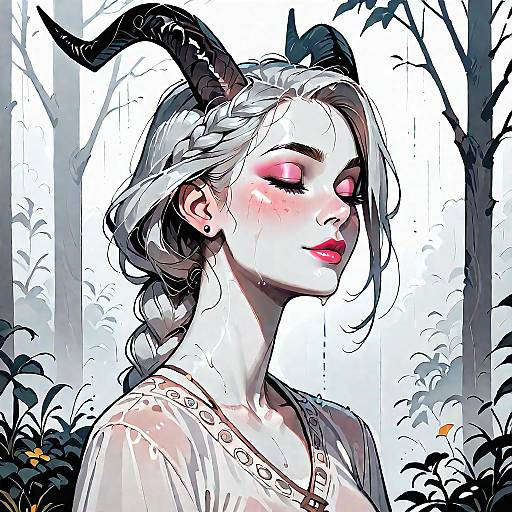 Demon Girl in Rainy Dark Forest