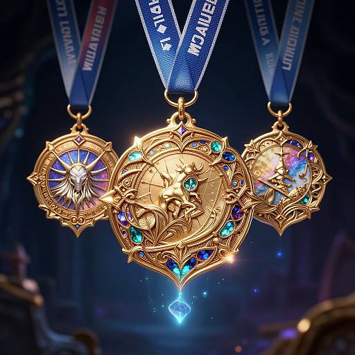 Photograph of three ornate, gold, gemstone-encrusted medals on blue ribbons with 