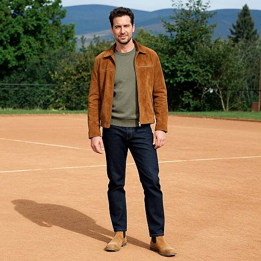Photograph of a smiling man with short dark hair, brown leather jacket, gray shirt, black pants, and brown boots, standing on a sunlit