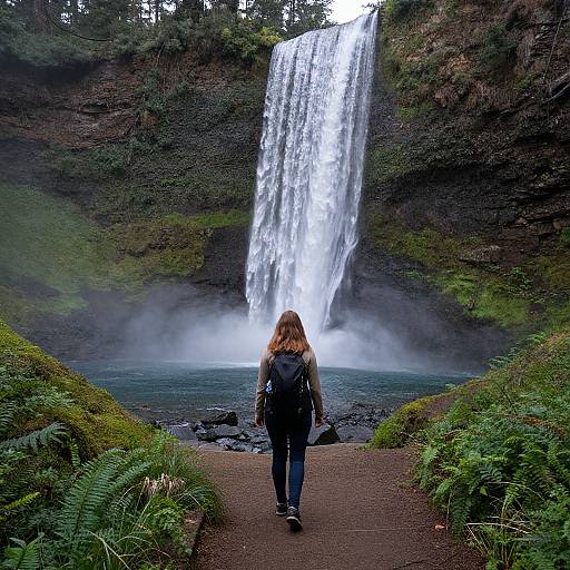 Photograph of a woman with red hair, wearing a backpack, standing on a path, facing a tall, misty waterfall in a lush, green